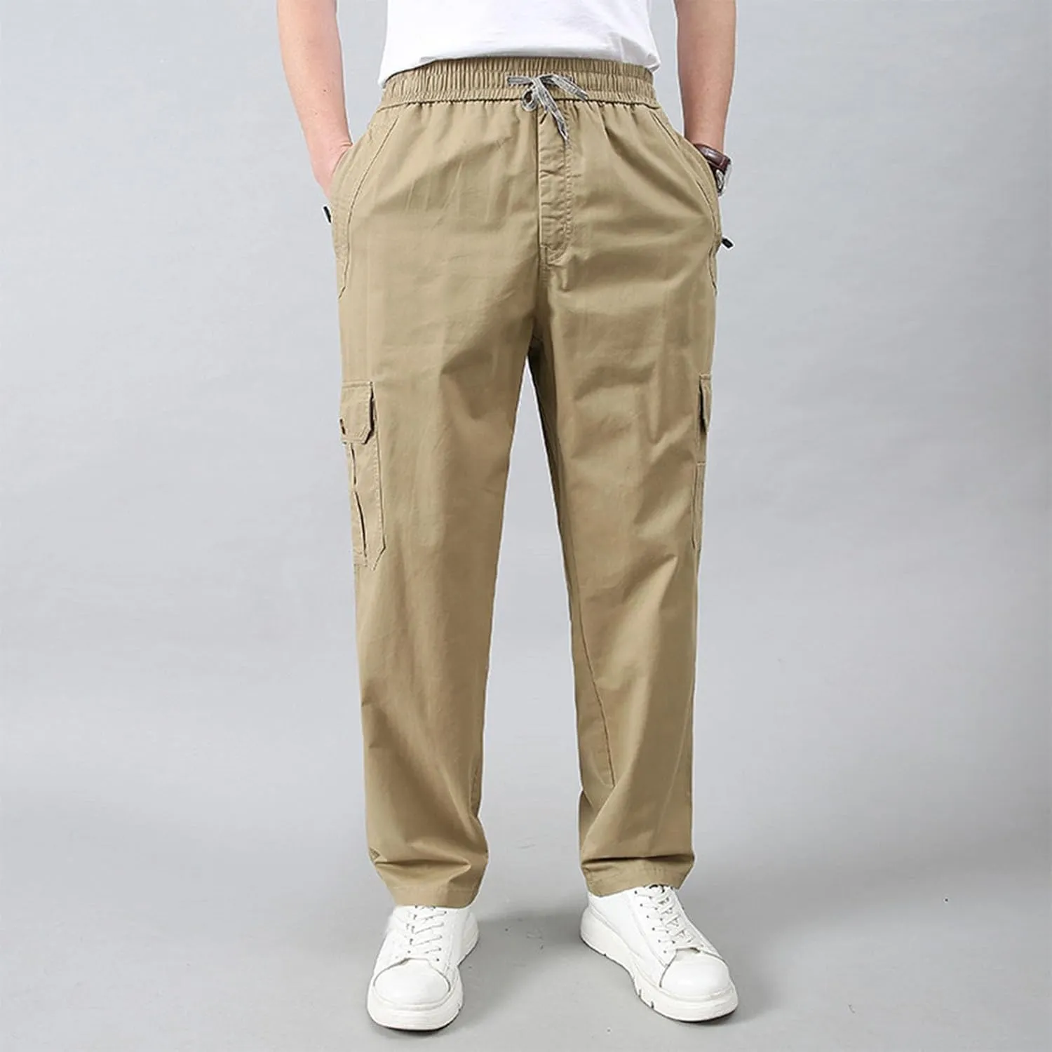 Mens Cargo Pants Casual Relaxed Fit Straight Stretch Waist Sweatpants Drawstring Lightweight Comfy Jogging Hiking Pants