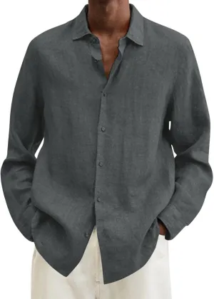 Men's Casual Button Down Shirt Regular Fit Long Sleeve Linen Chambray Shirt Solid Holiday Travel Shirt Fall Tops