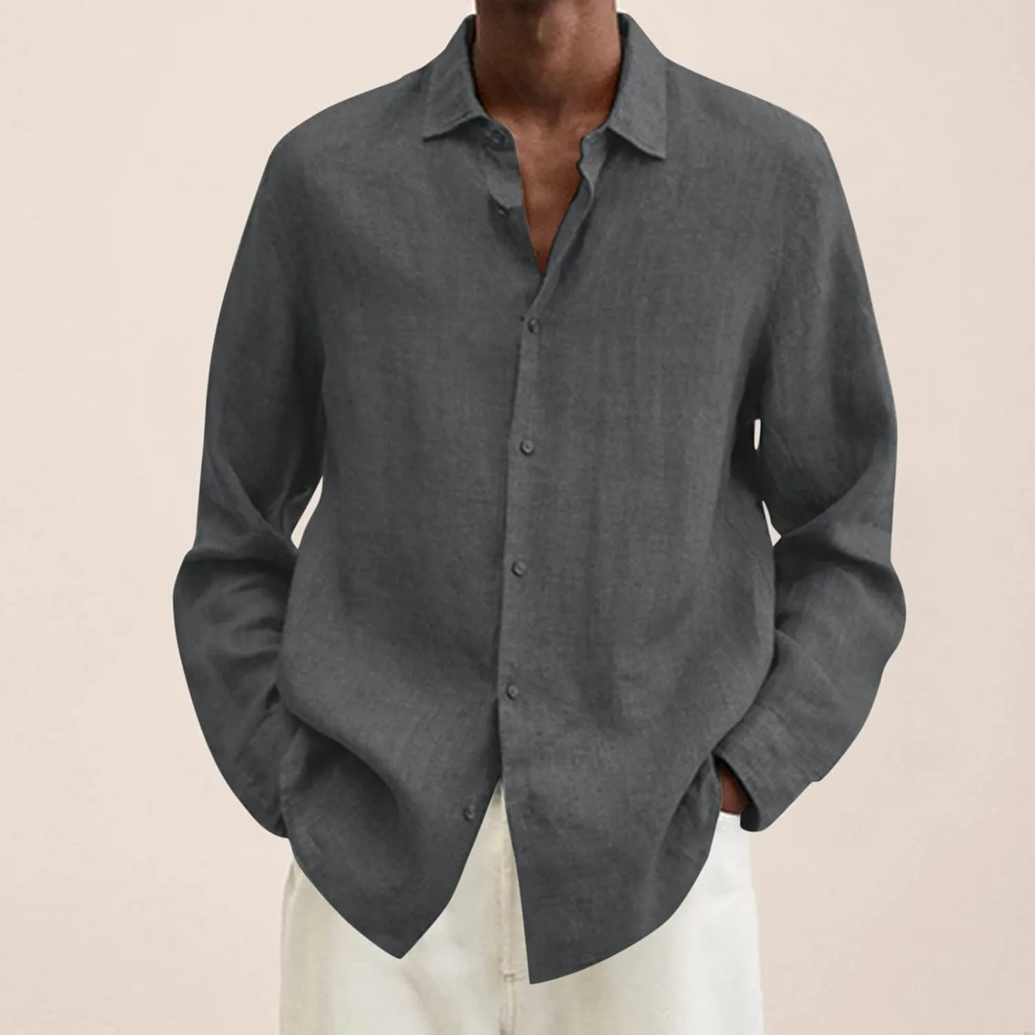 Men's Casual Button Down Shirt Regular Fit Long Sleeve Linen Chambray Shirt Solid Holiday Travel Shirt Fall Tops