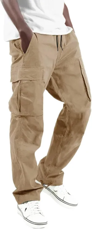 Men's Casual Cargo Pants Elastic Waist Joggers Relaxed Fit Work Overalls Hiking Hunting Streetwear Trousers