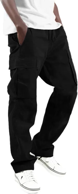 Mens Casual Jogger Pants, Relaxed Fit Cargo Pants, Solid Drawstring Sweatpants, Hiking Outdoor Twill Sport Pants