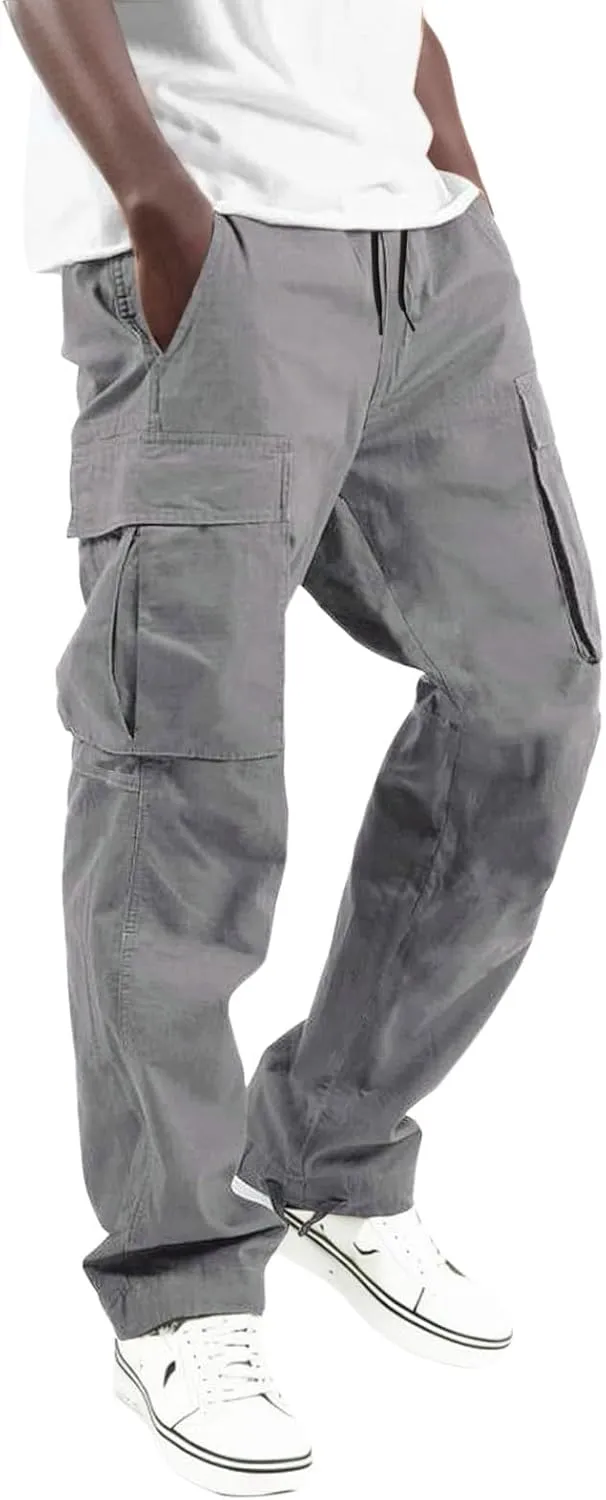 Mens Casual Jogger Pants, Relaxed Fit Cargo Pants, Solid Drawstring Sweatpants, Hiking Outdoor Twill Sport Pants