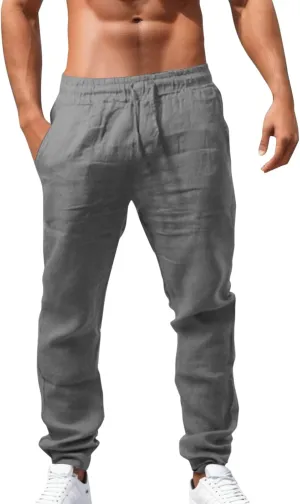 Men's Cotton Linen Pants Casual Drawstring Straight Leg Pleated Workout Pants Relaxed Fit Tapered Trousers