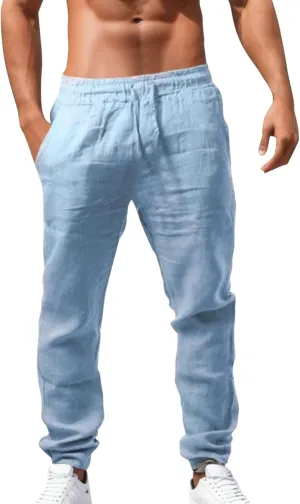 Men's Cotton Linen Pants Casual Drawstring Straight Leg Pleated Workout Pants Relaxed Fit Tapered Trousers