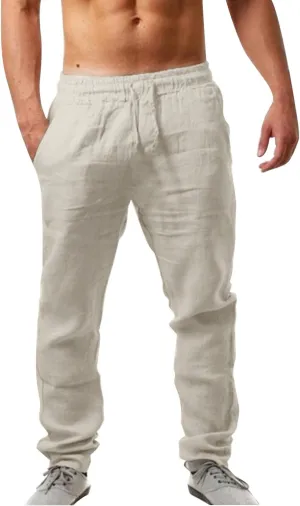 Men's Cotton Linen Pants Casual Drawstring Straight Leg Pleated Workout Pants Relaxed Fit Tapered Trousers