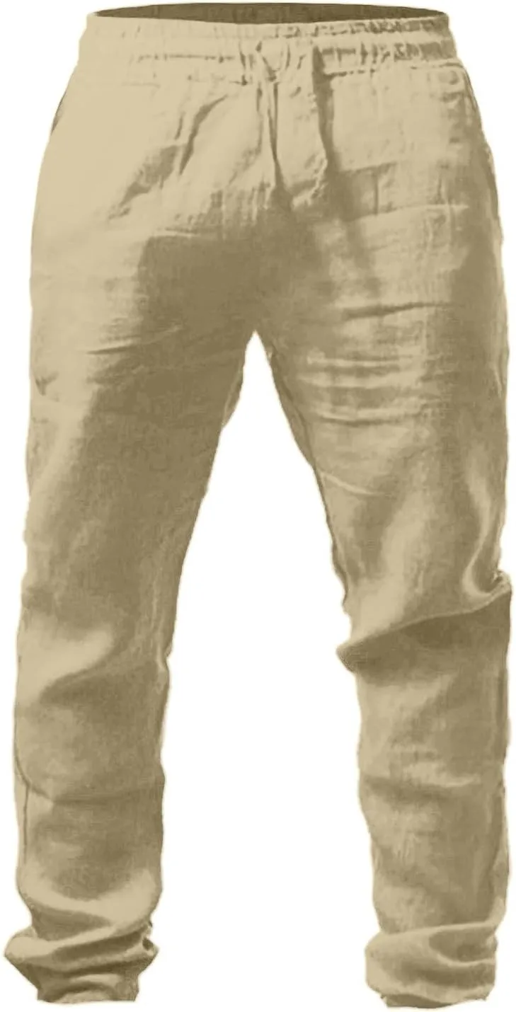 Men's Cotton Linen Pants Casual Drawstring Straight Leg Pleated Workout Pants Relaxed Fit Tapered Trousers