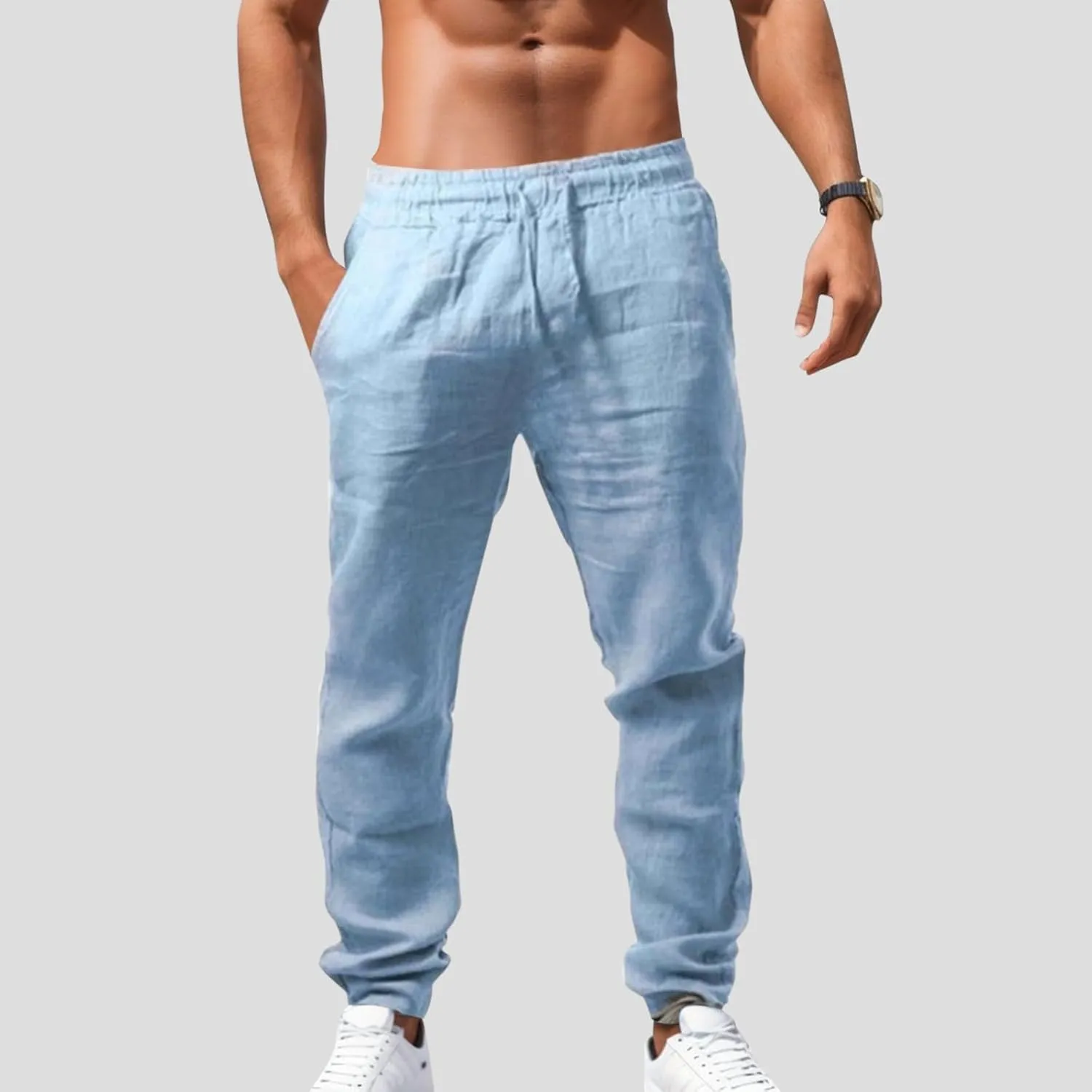 Men's Cotton Linen Pants Casual Drawstring Straight Leg Pleated Workout Pants Relaxed Fit Tapered Trousers