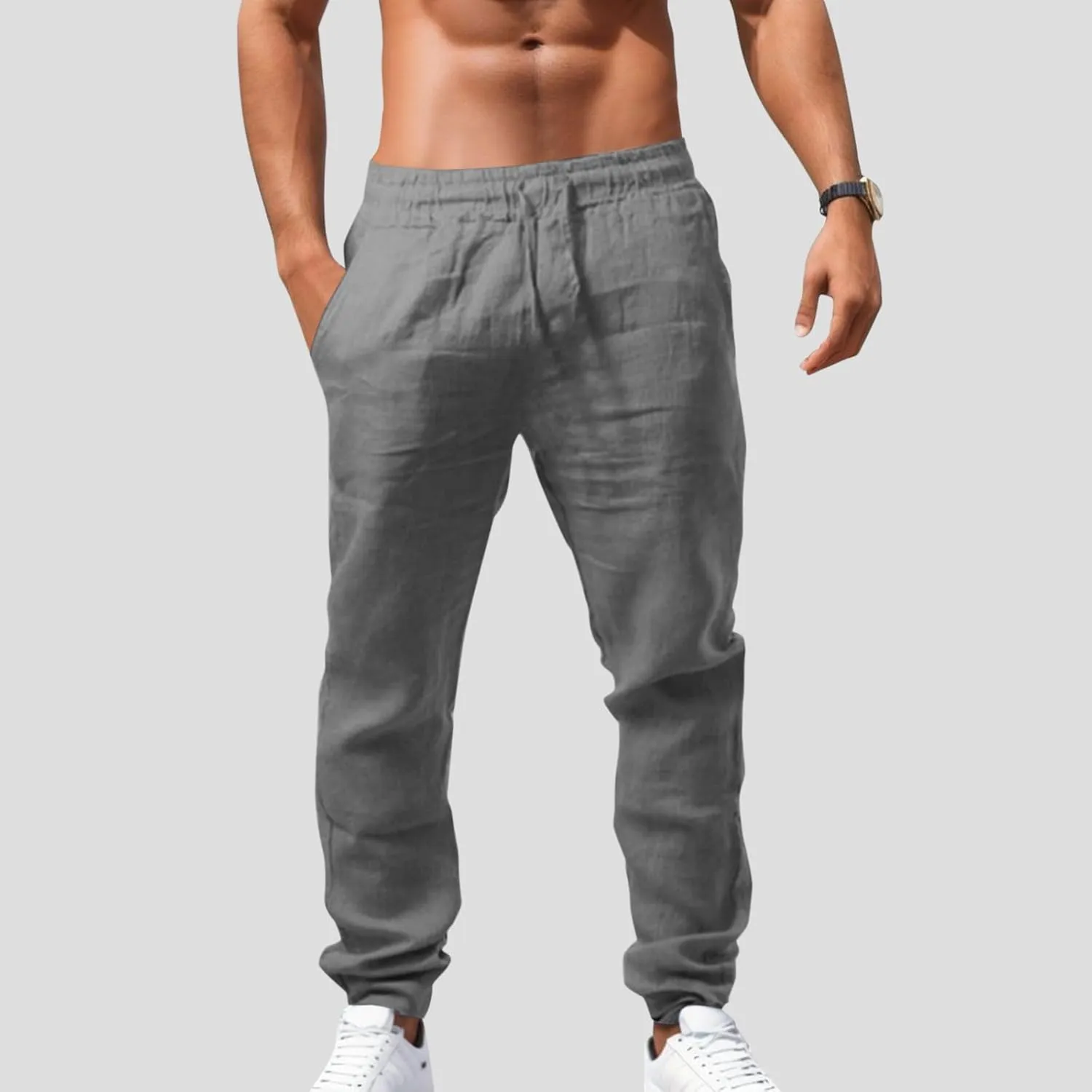 Men's Cotton Linen Pants Casual Drawstring Straight Leg Pleated Workout Pants Relaxed Fit Tapered Trousers