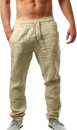 Men's Cotton Linen Pants Casual Drawstring Straight Leg Pleated Workout Pants Relaxed Fit Tapered Trousers