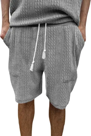 Mens Cozy Casual Shorts Expandable Drawstring Waisted Textured Solid Bermuda Summer Lightweight Comfortable Daily Home Pants