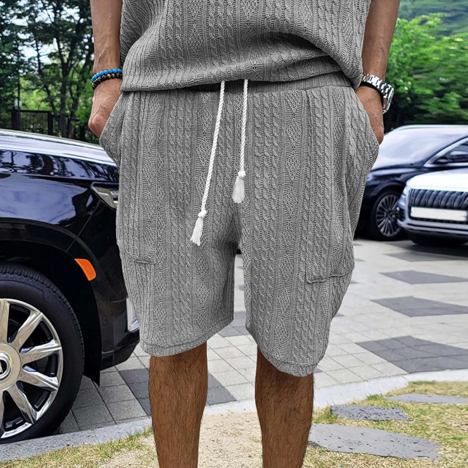 Mens Cozy Casual Shorts Expandable Drawstring Waisted Textured Solid Bermuda Summer Lightweight Comfortable Daily Home Pants