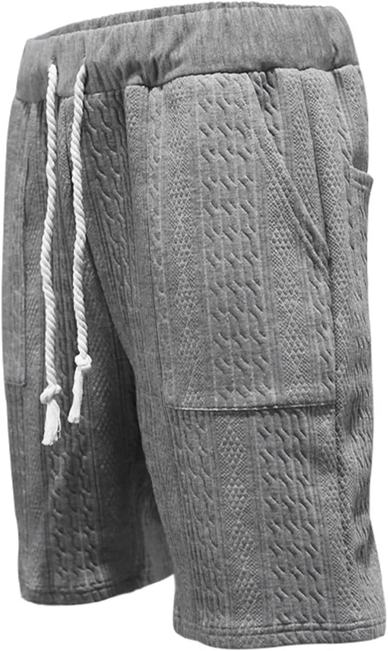 Mens Cozy Casual Shorts Expandable Drawstring Waisted Textured Solid Bermuda Summer Lightweight Comfortable Daily Home Pants