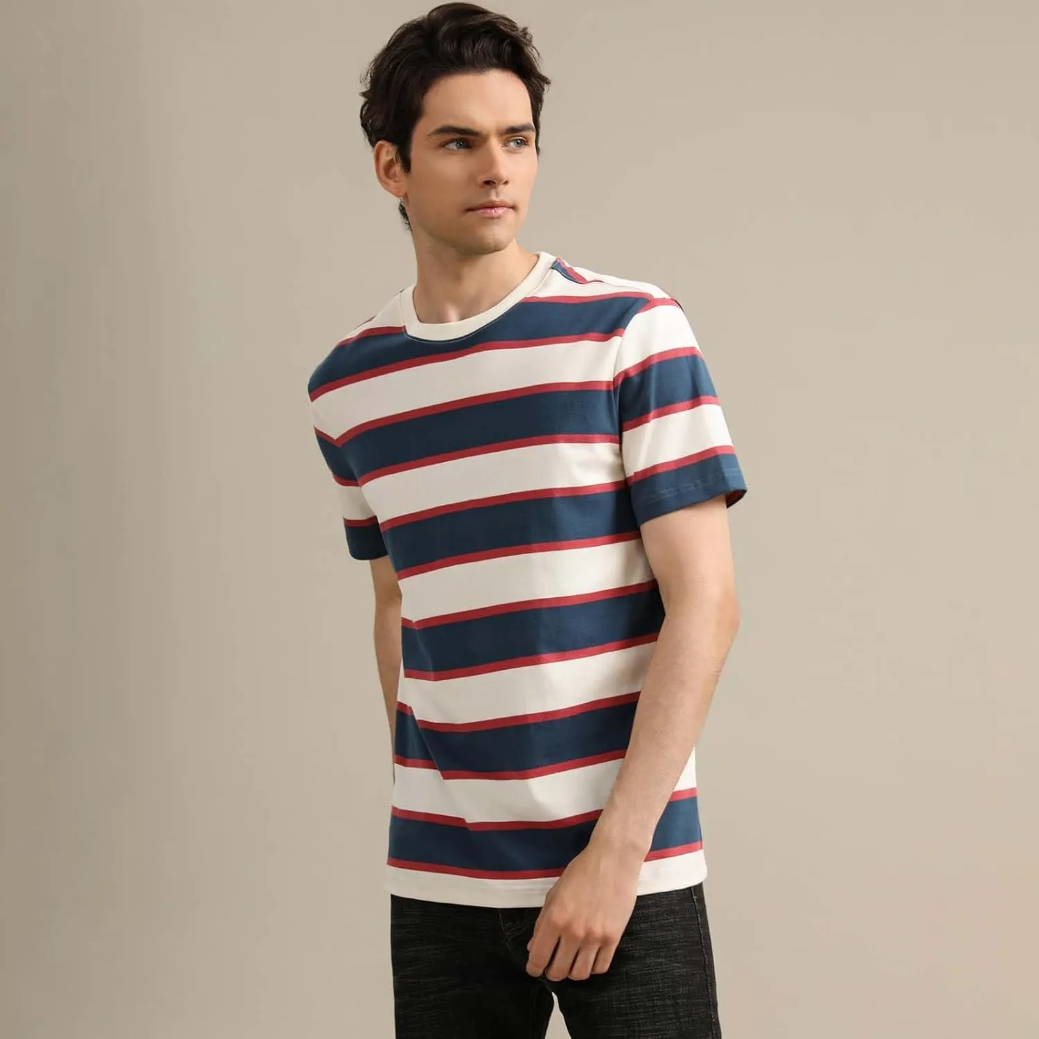 Men's Fashion Casual Cotton Loose Fit Crewneck Classic Striped T-Shirt