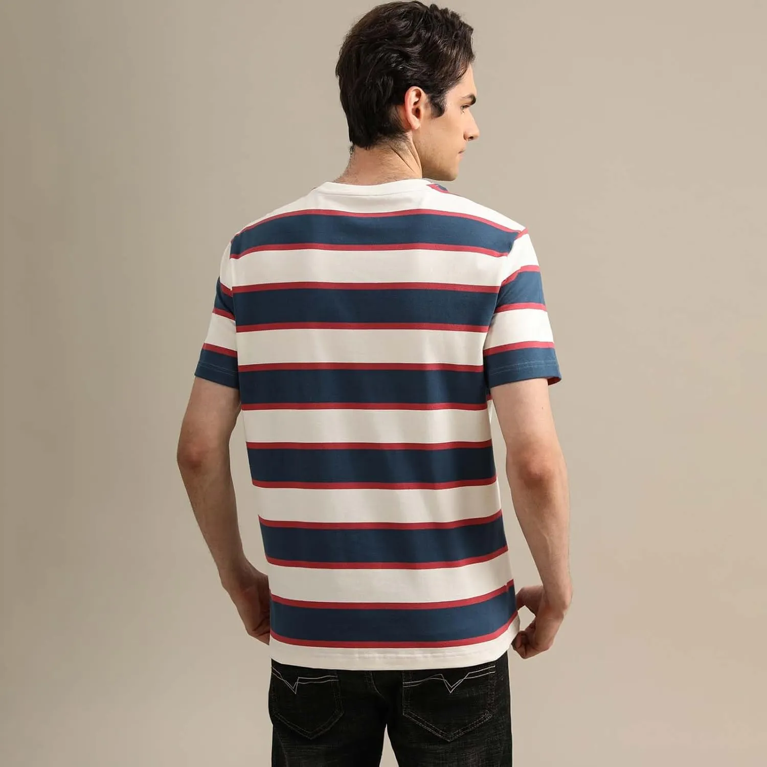 Men's Fashion Casual Cotton Loose Fit Crewneck Classic Striped T-Shirt