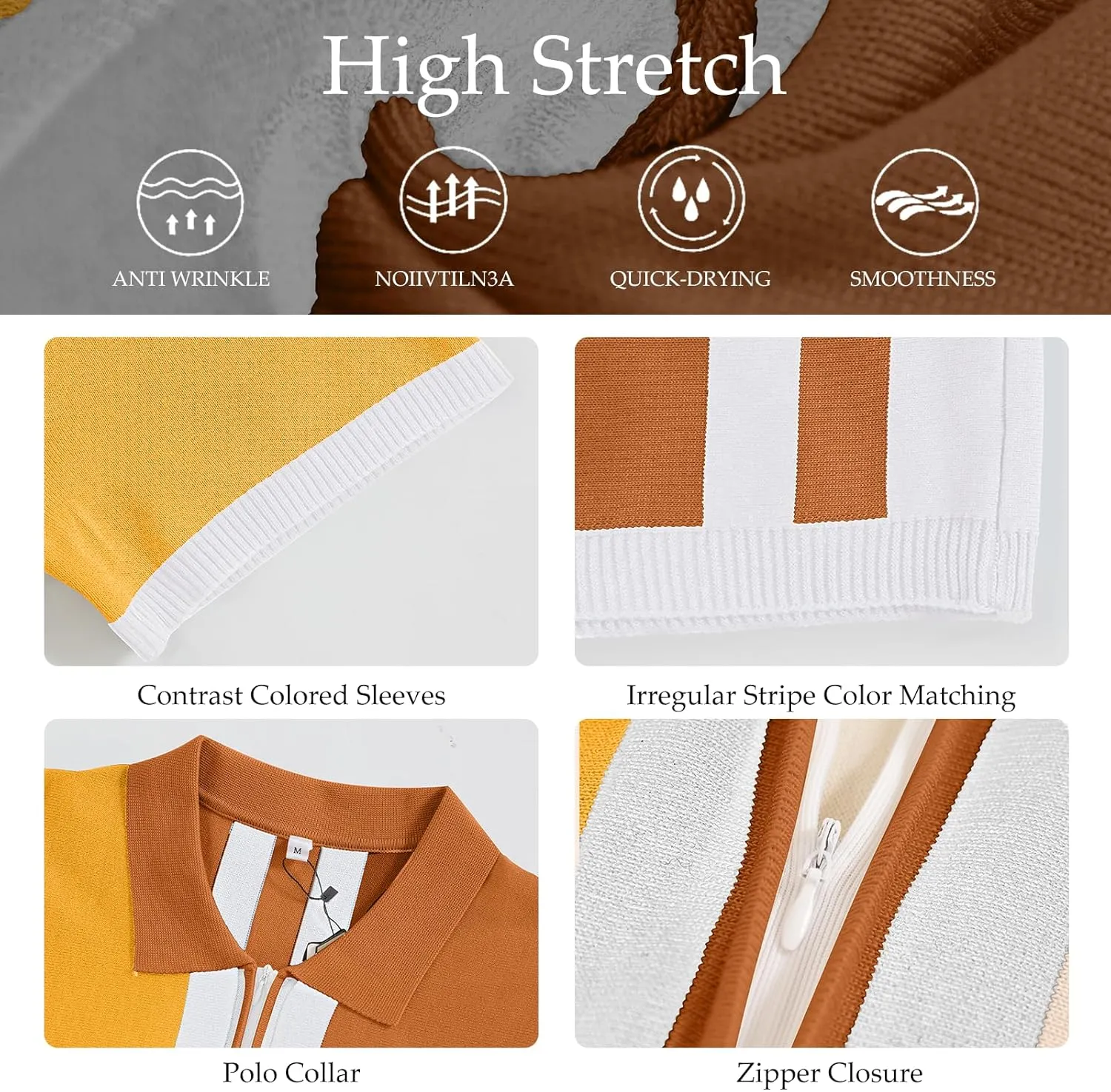 Men's Fashion Knit Polo Shirts Vintage Striped Knitting Shirts Ribbed Slim Fit Golf Shirts