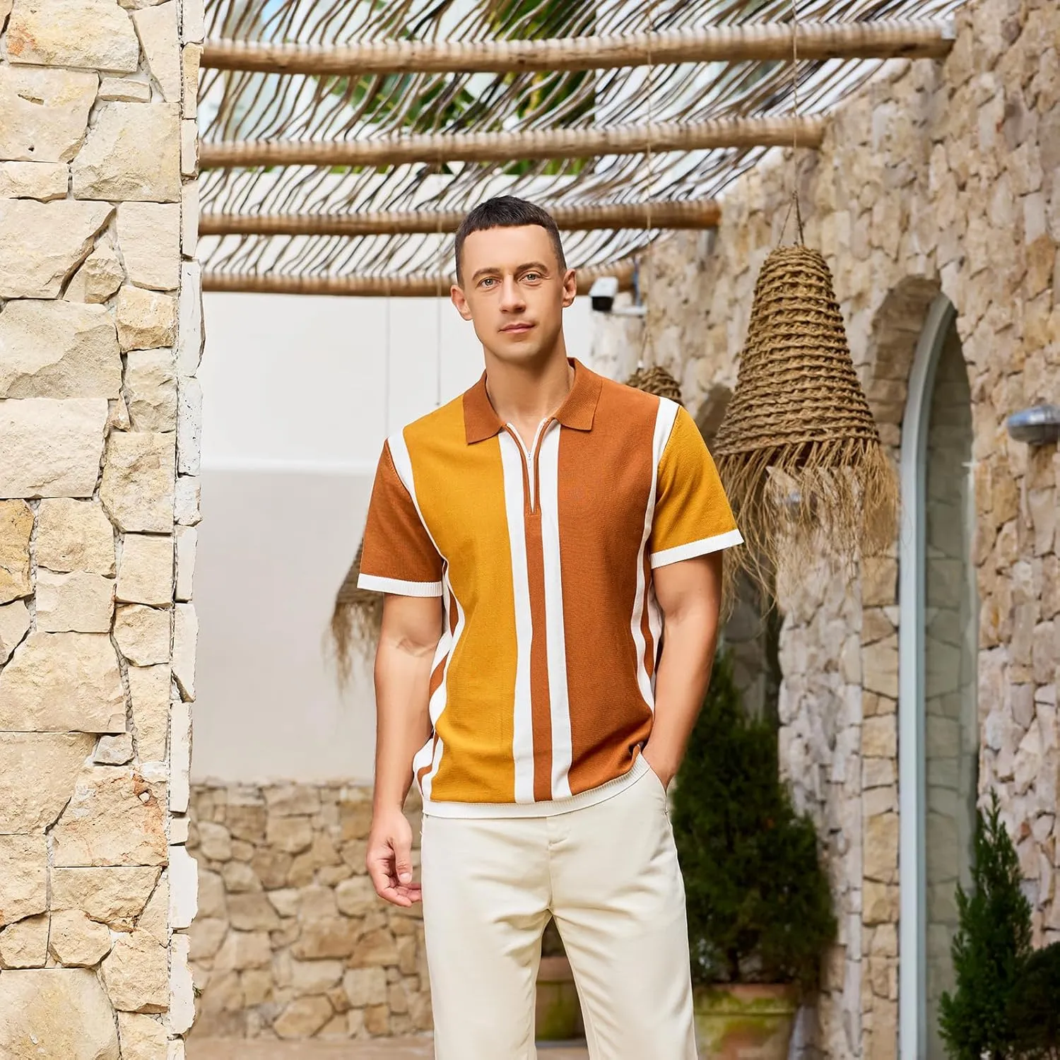 Men's Fashion Knit Polo Shirts Vintage Striped Knitting Shirts Ribbed Slim Fit Golf Shirts