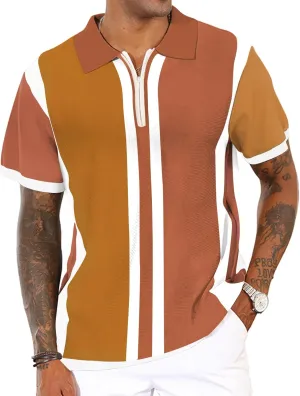 Men's Fashion Knit Polo Shirts Vintage Striped Knitting Shirts Ribbed Slim Fit Golf Shirts