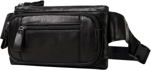 Men's Genuine Leather Fanny Pack and Hip Bum Bag Waist Packs Sling Bag for Cycling Running Hiking Travel Carrying (Black)