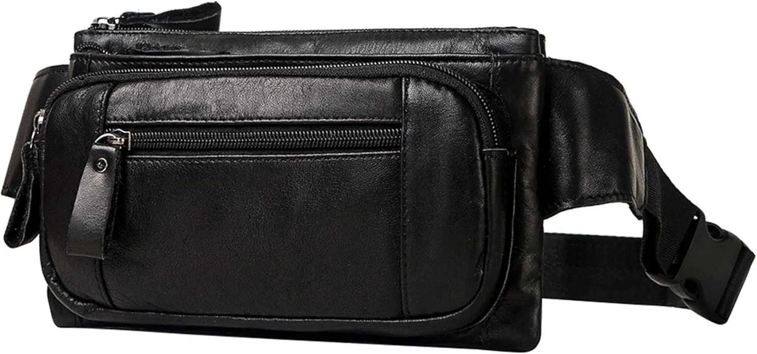 Men's Genuine Leather Fanny Pack and Hip Bum Bag Waist Packs Sling Bag for Cycling Running Hiking Travel Carrying (Black)