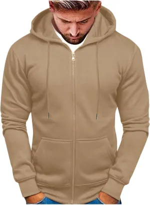 Mens Hoodies,Men's Slim Fit Long Sleeve Lightweight Zip-up Solid Hoodie with Kanga Pocket Hooded Sweatshirts Sweaters