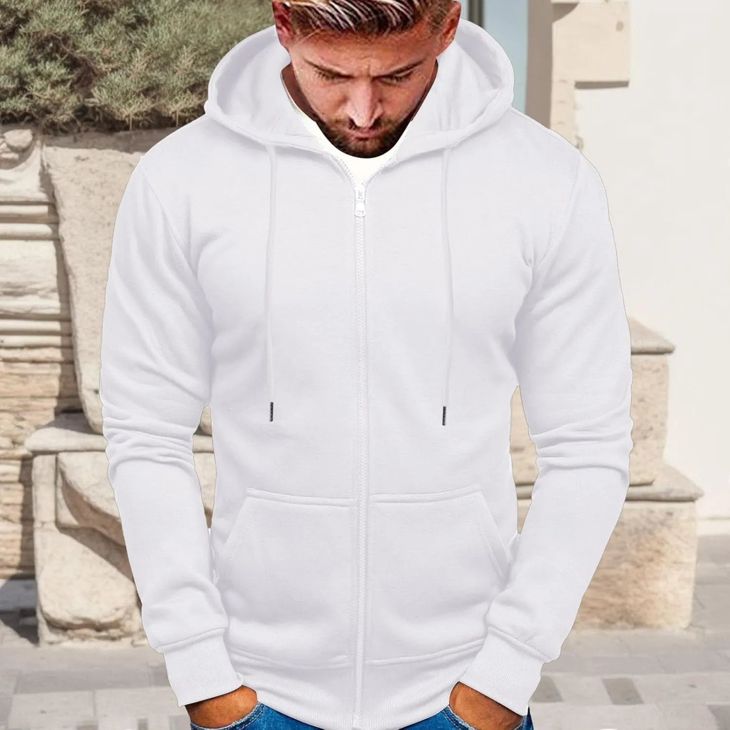Mens Hoodies,Men's Slim Fit Long Sleeve Lightweight Zip-up Solid Hoodie with Kanga Pocket Hooded Sweatshirts Sweaters