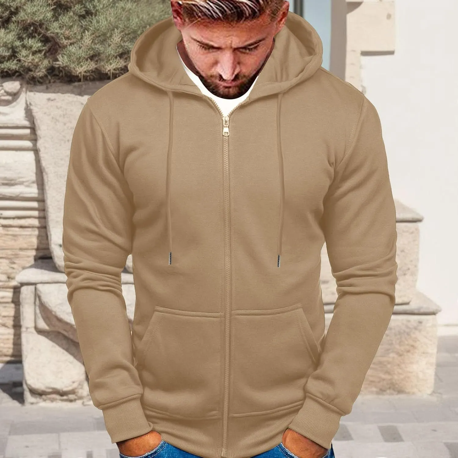 Mens Hoodies,Men's Slim Fit Long Sleeve Lightweight Zip-up Solid Hoodie with Kanga Pocket Hooded Sweatshirts Sweaters