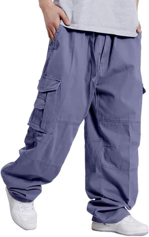 Men's Large Size Wide-Leg Pants Hip-Hop Loose Multi-Pocket Fashion Solid Color Overalls Plus Size Fat Hipster Street Trousers