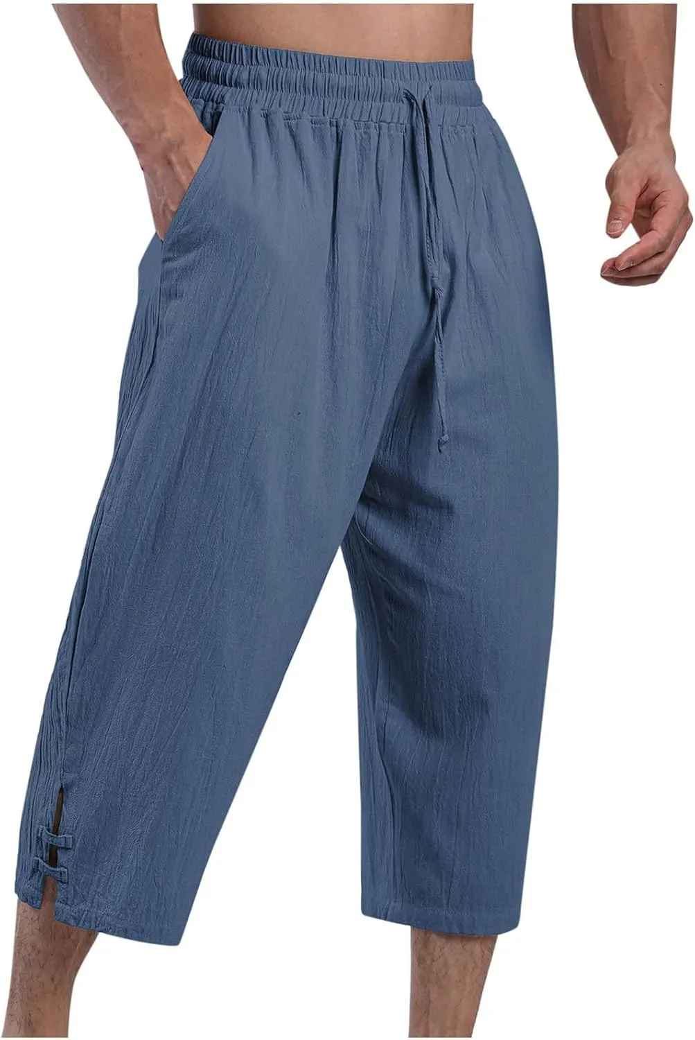 Men's Linen Pants Casual Pants Drawstring Beach Trousers Relaxed-Fit Yoga Pants Summer Elastic Waist Pants