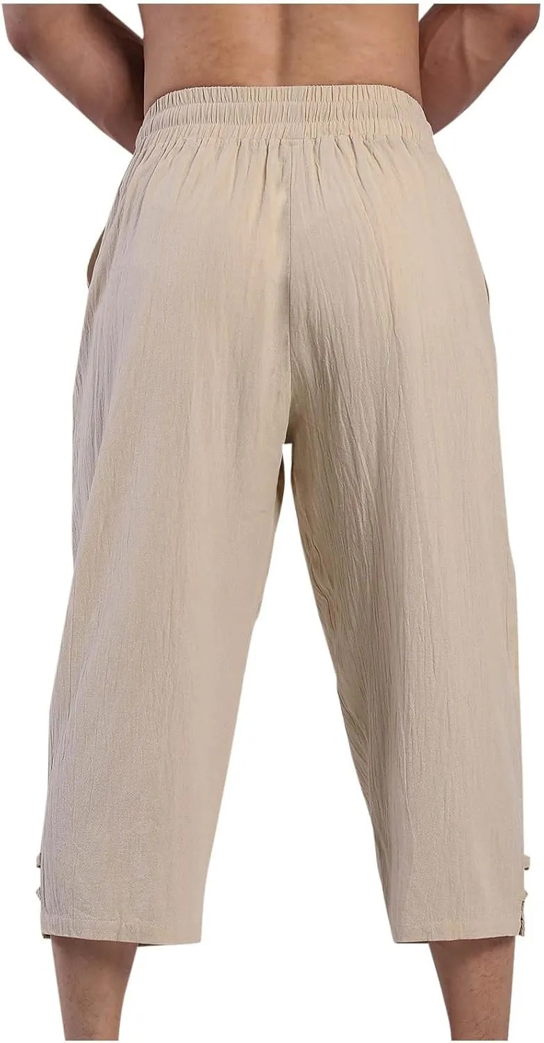 Men's Linen Pants Casual Pants Drawstring Beach Trousers Relaxed-Fit Yoga Pants Summer Elastic Waist Pants