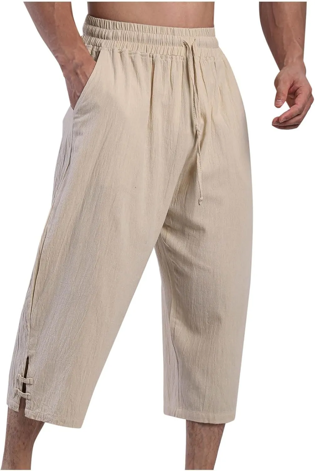 Men's Linen Pants Casual Pants Drawstring Beach Trousers Relaxed-Fit Yoga Pants Summer Elastic Waist Pants