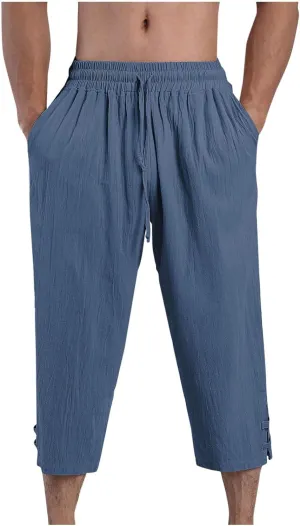 Men's Linen Pants Casual Pants Drawstring Beach Trousers Relaxed-Fit Yoga Pants Summer Elastic Waist Pants