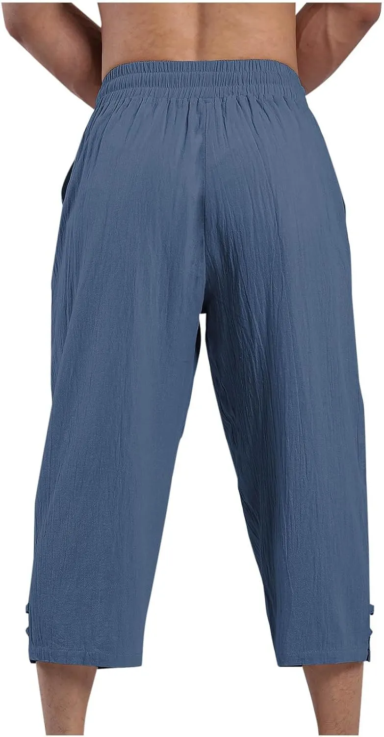 Men's Linen Pants Casual Pants Drawstring Beach Trousers Relaxed-Fit Yoga Pants Summer Elastic Waist Pants