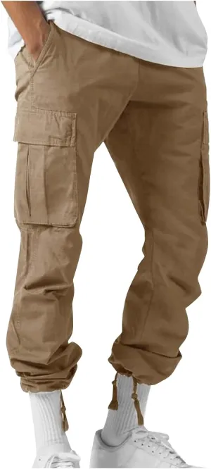 Men's Pants Drawstring Multi Pocket Casual Pants Hiking Cotton Twill Combat Pants Khaki Mens Relaxed Fit