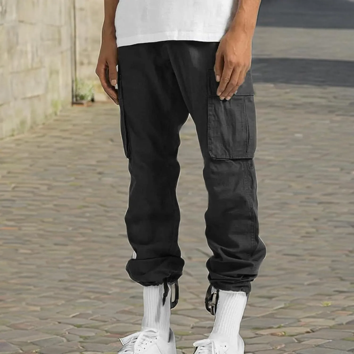 Men's Pants Drawstring Multi Pocket Casual Pants Hiking Cotton Twill Combat Pants Khaki Mens Relaxed Fit