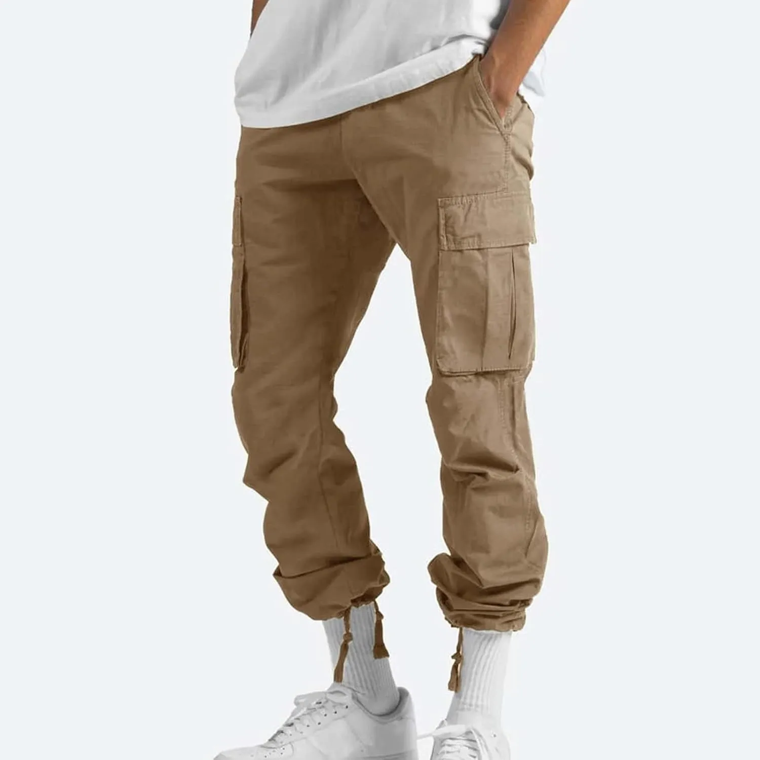 Men's Pants Drawstring Multi Pocket Casual Pants Hiking Cotton Twill Combat Pants Khaki Mens Relaxed Fit