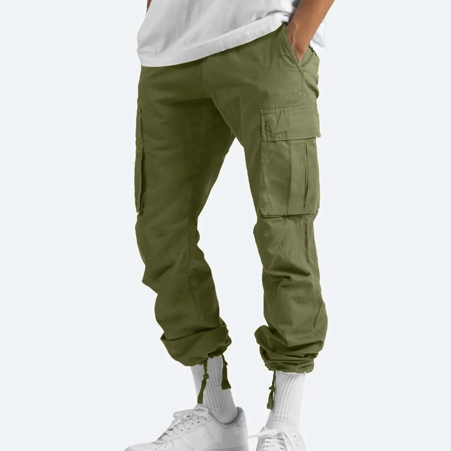 Men's Pants Drawstring Multi Pocket Casual Pants Hiking Cotton Twill Combat Pants Khaki Mens Relaxed Fit