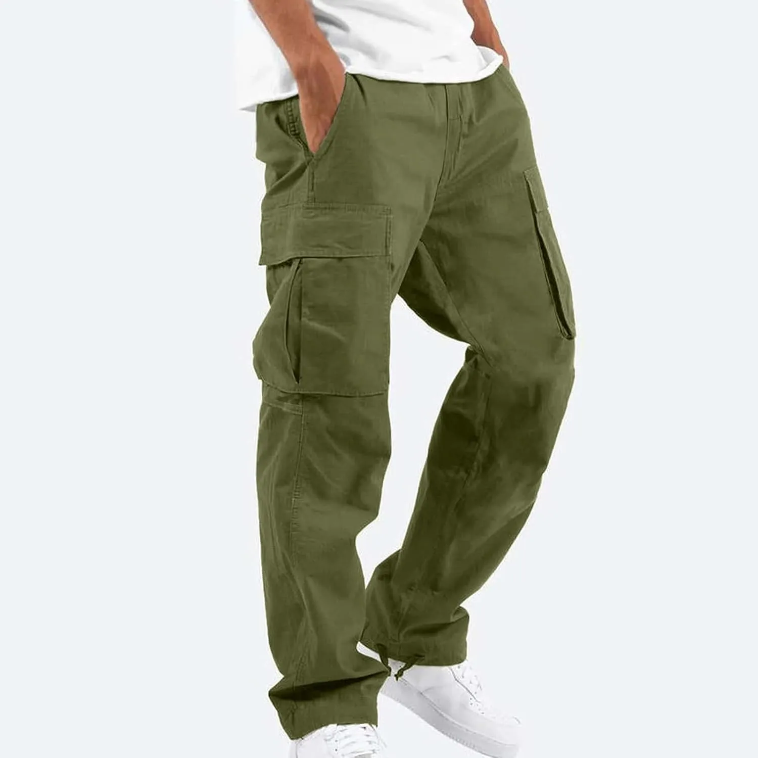 Men's Pants Drawstring Multi Pocket Casual Pants Hiking Cotton Twill Combat Pants Khaki Mens Relaxed Fit