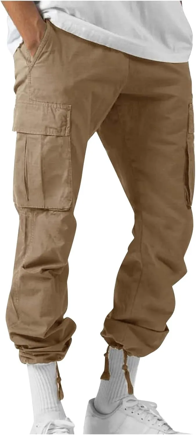 Men's Pants Drawstring Multi Pocket Casual Pants Hiking Cotton Twill Combat Pants Khaki Mens Relaxed Fit
