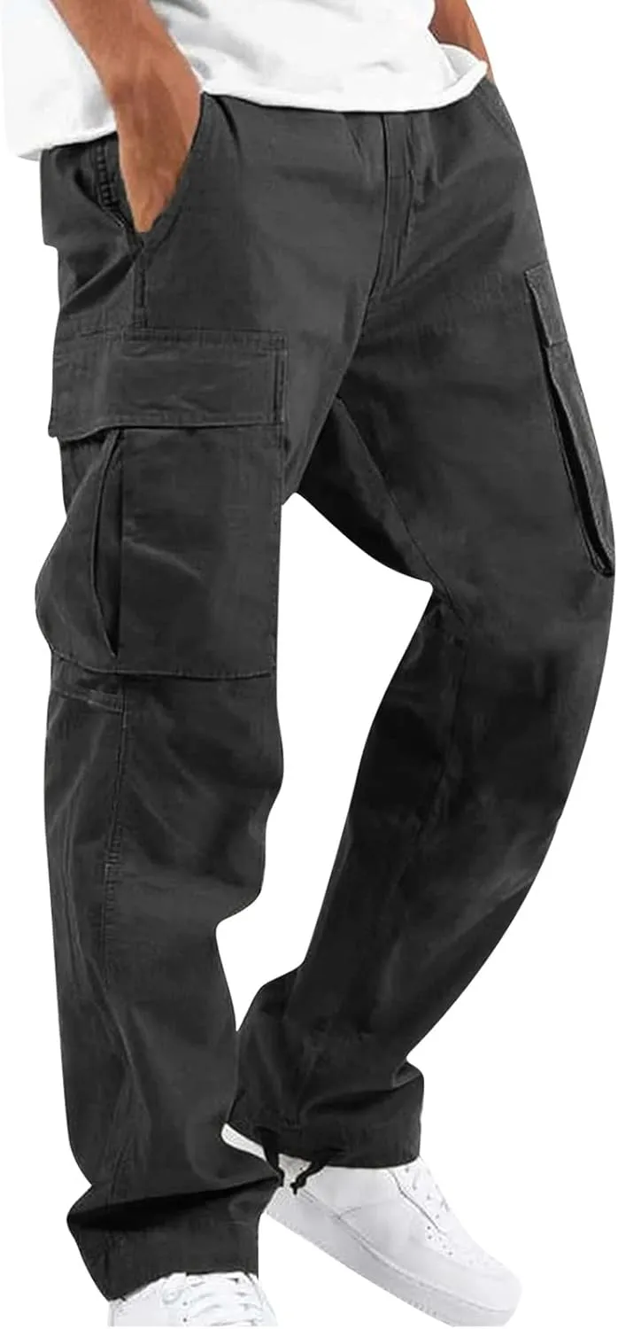 Men's Pants Drawstring Multi Pocket Casual Pants Hiking Cotton Twill Combat Pants Khaki Mens Relaxed Fit