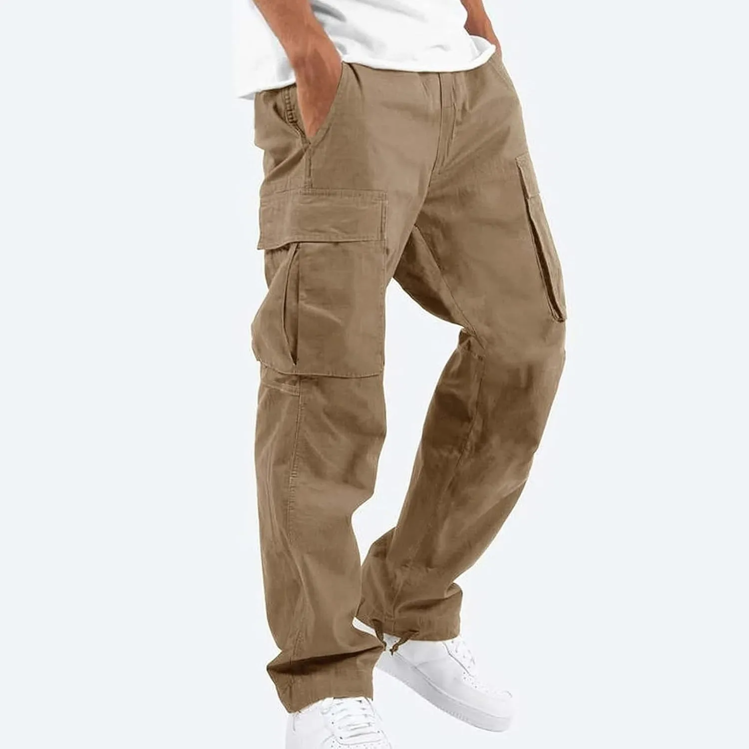 Men's Pants Drawstring Multi Pocket Casual Pants Hiking Cotton Twill Combat Pants Khaki Mens Relaxed Fit