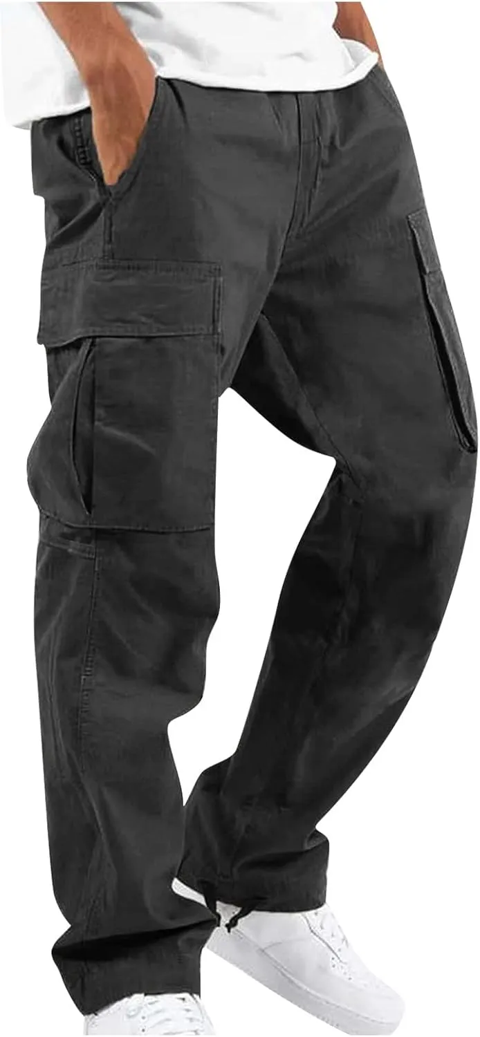 Men's Pants Drawstring Multi Pocket Casual Pants Hiking Cotton Twill Combat Pants Khaki Mens Relaxed Fit