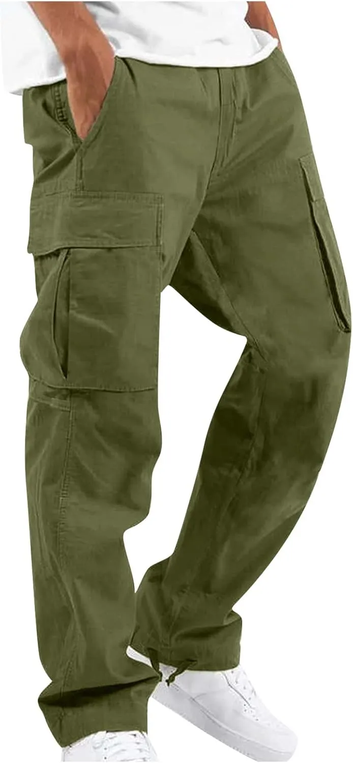 Men's Pants Drawstring Multi Pocket Casual Pants Hiking Cotton Twill Combat Pants Khaki Mens Relaxed Fit