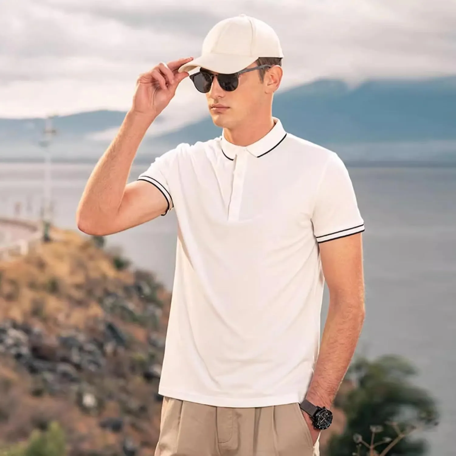 Men's Polo Shirts Casual Short Sleeve Button Down Shirts Classic Stripe Golf Polo Collared Work Shirts