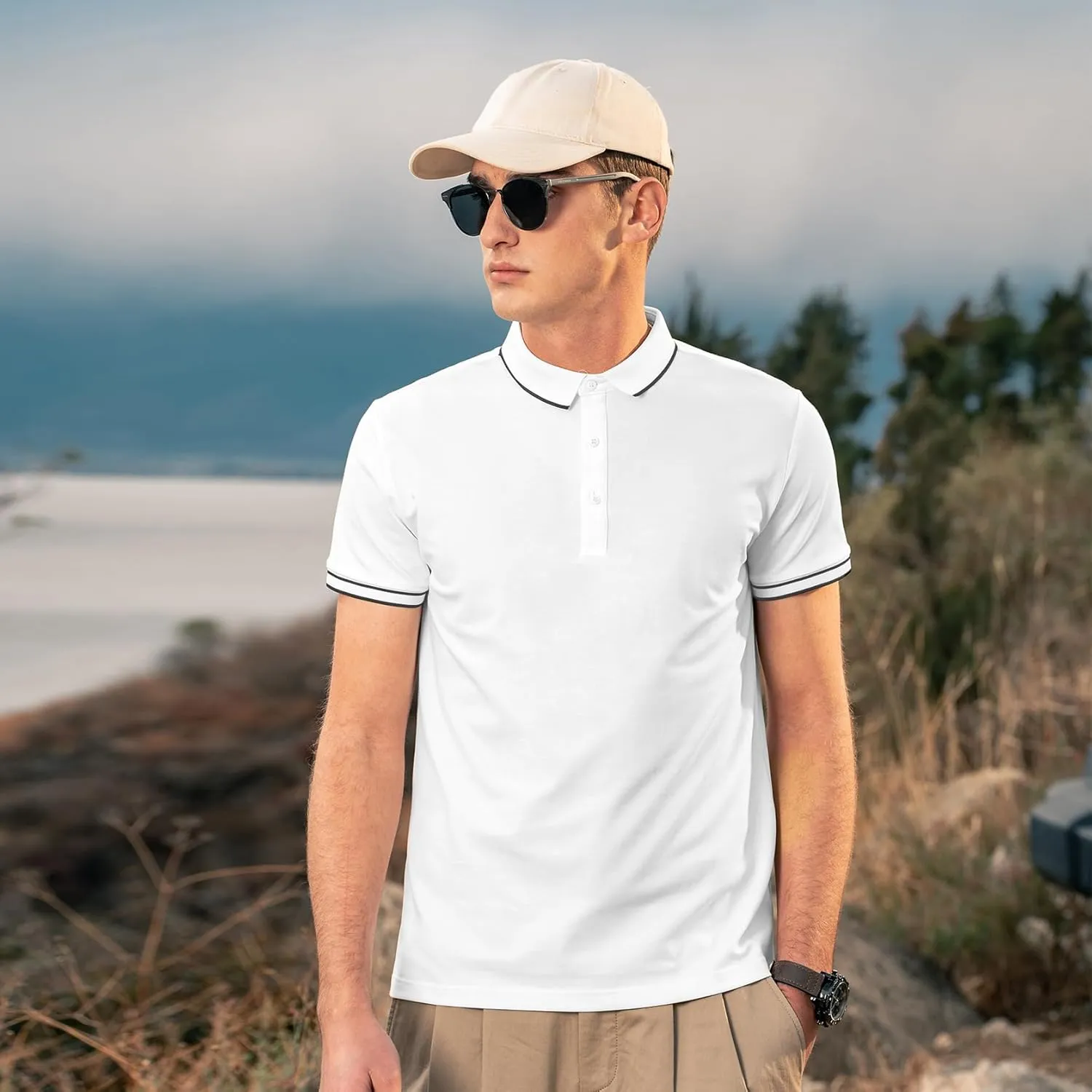 Men's Polo Shirts Casual Short Sleeve Button Down Shirts Classic Stripe Golf Polo Collared Work Shirts