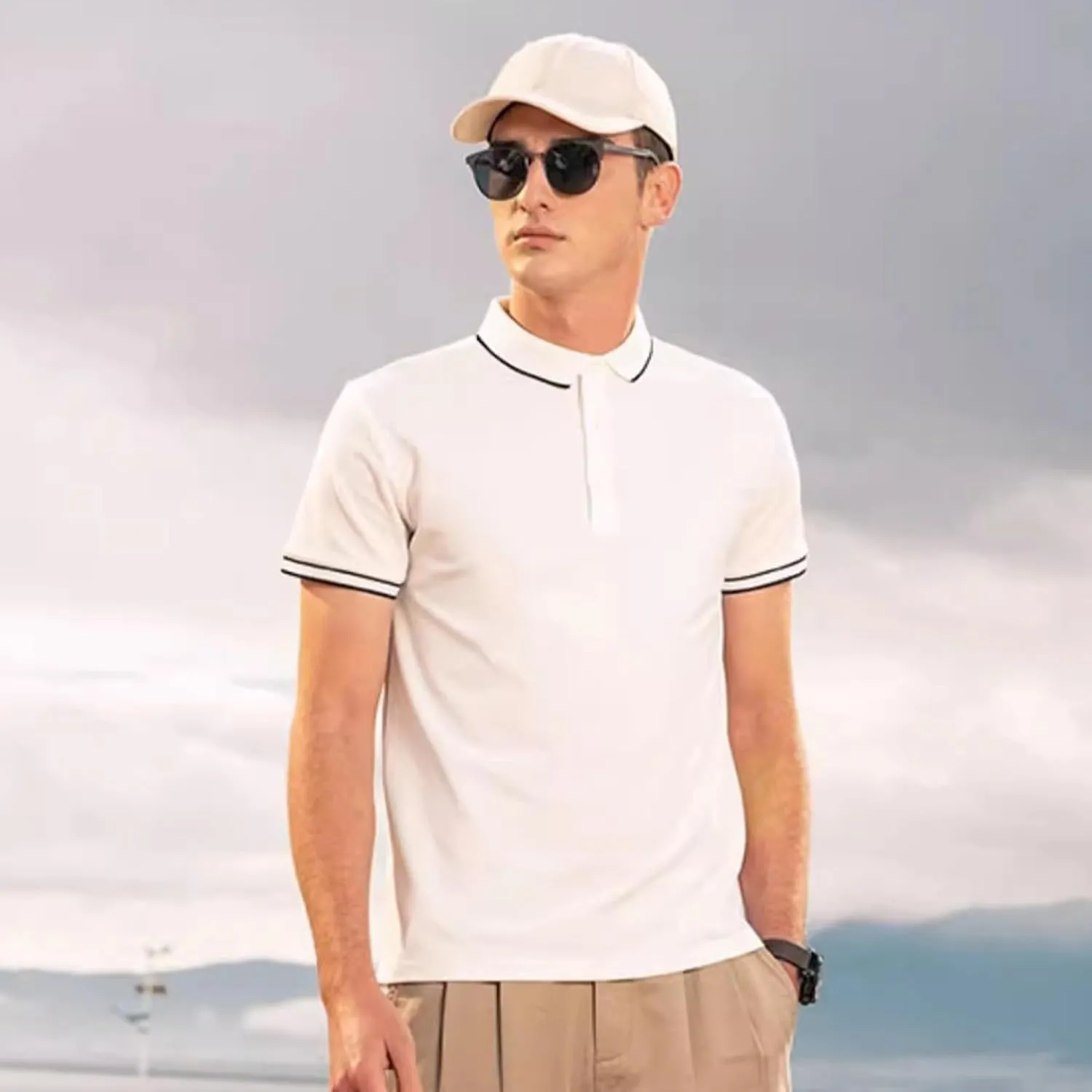 Men's Polo Shirts Casual Short Sleeve Button Down Shirts Classic Stripe Golf Polo Collared Work Shirts