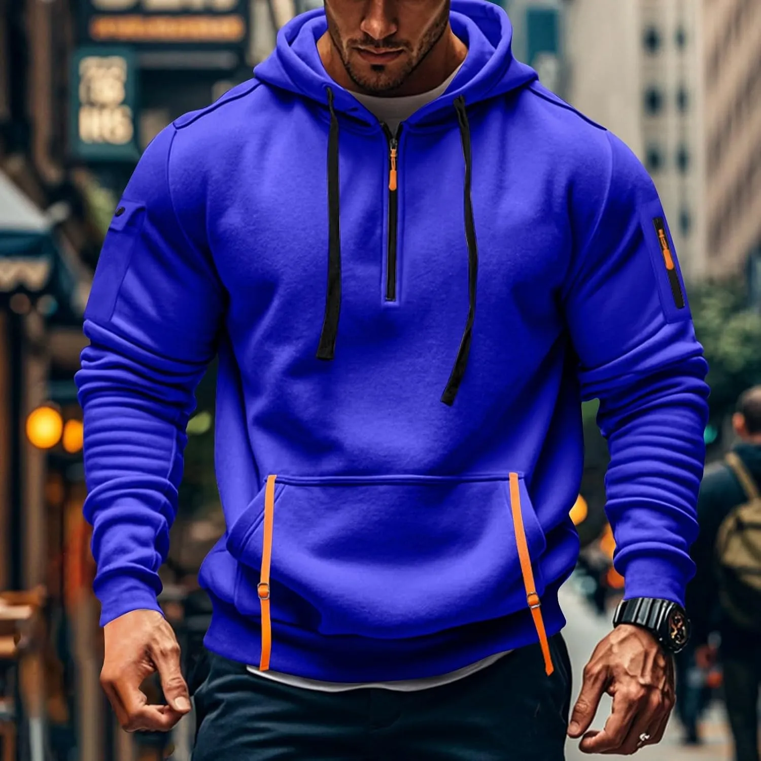 Men's Tactical Hoodies Oversized 1/4 Zip Pullover Sweatshirts with Zipper Arm Pocket Big and Tall Outfits 5XL