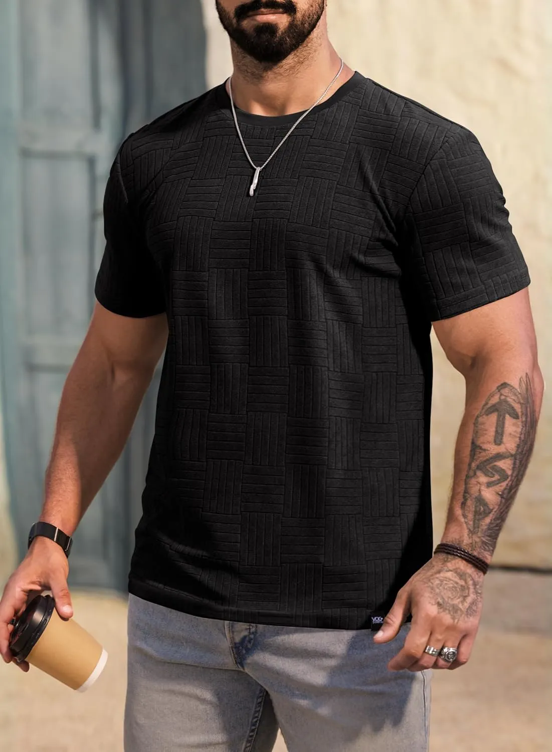 Mens Textured Shirts Casual Stretch T-Shirts Summer Crewneck Short Sleeve Tee Shirts (S-XXL)