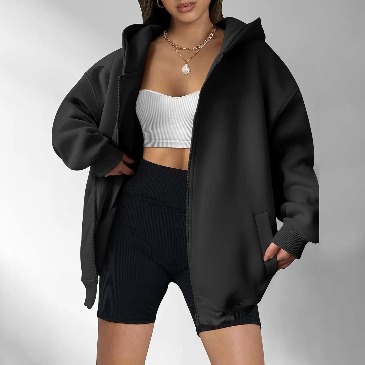 midelxp Oversized Zip Up Hoodies for Women Y2k Full Zip Sweatshirt Casual Full Zip Fleece Jackets with Hood Fall Outfits 2024