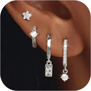 MILACOLATO 4 Pairs Silver Earrings for Women Trendy, 14K Gold Filled/Sterling Silver Plated Hypoallergenic Stud Huggie Hoop Earrings, Lightweight Gold Cartilage Earrings Stacks for Multiple Piercing Jewelry Gifts