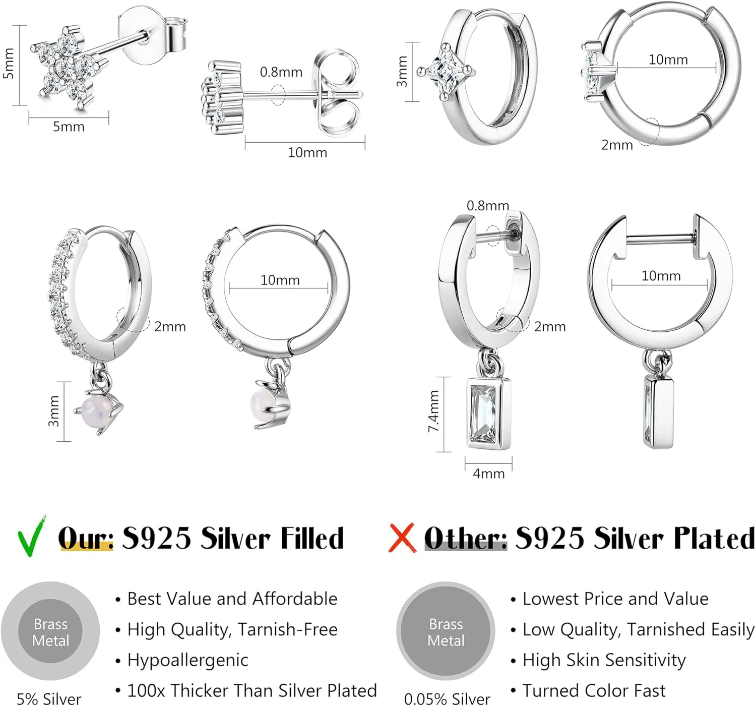 MILACOLATO 4 Pairs Silver Earrings for Women Trendy, 14K Gold Filled/Sterling Silver Plated Hypoallergenic Stud Huggie Hoop Earrings, Lightweight Gold Cartilage Earrings Stacks for Multiple Piercing Jewelry Gifts